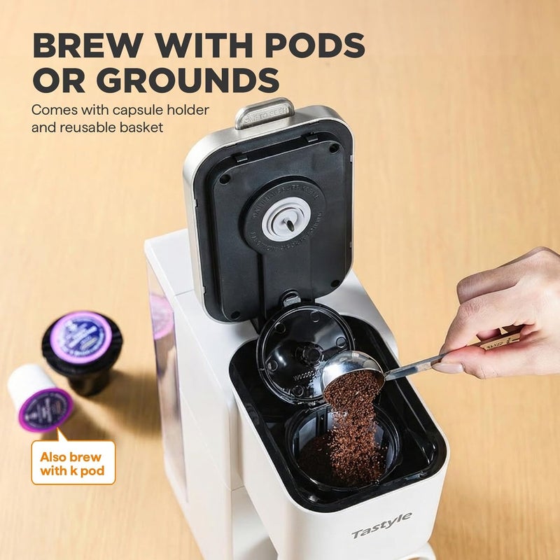 Tastyle Single Serve Coffee Maker, Iced and Hot Coffee Machine for K Cup & Grounds, Compact Design, 40oz Removable Water Reservoir, 6 to 24 Oz Brew Sizes, Fits 7.3" Travel Mug, White - Image 4